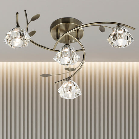 Searchlight Electric Sierra 4Lt Semi-Flush Ceiling Light - Antique Brass & Glass 2634-4AB