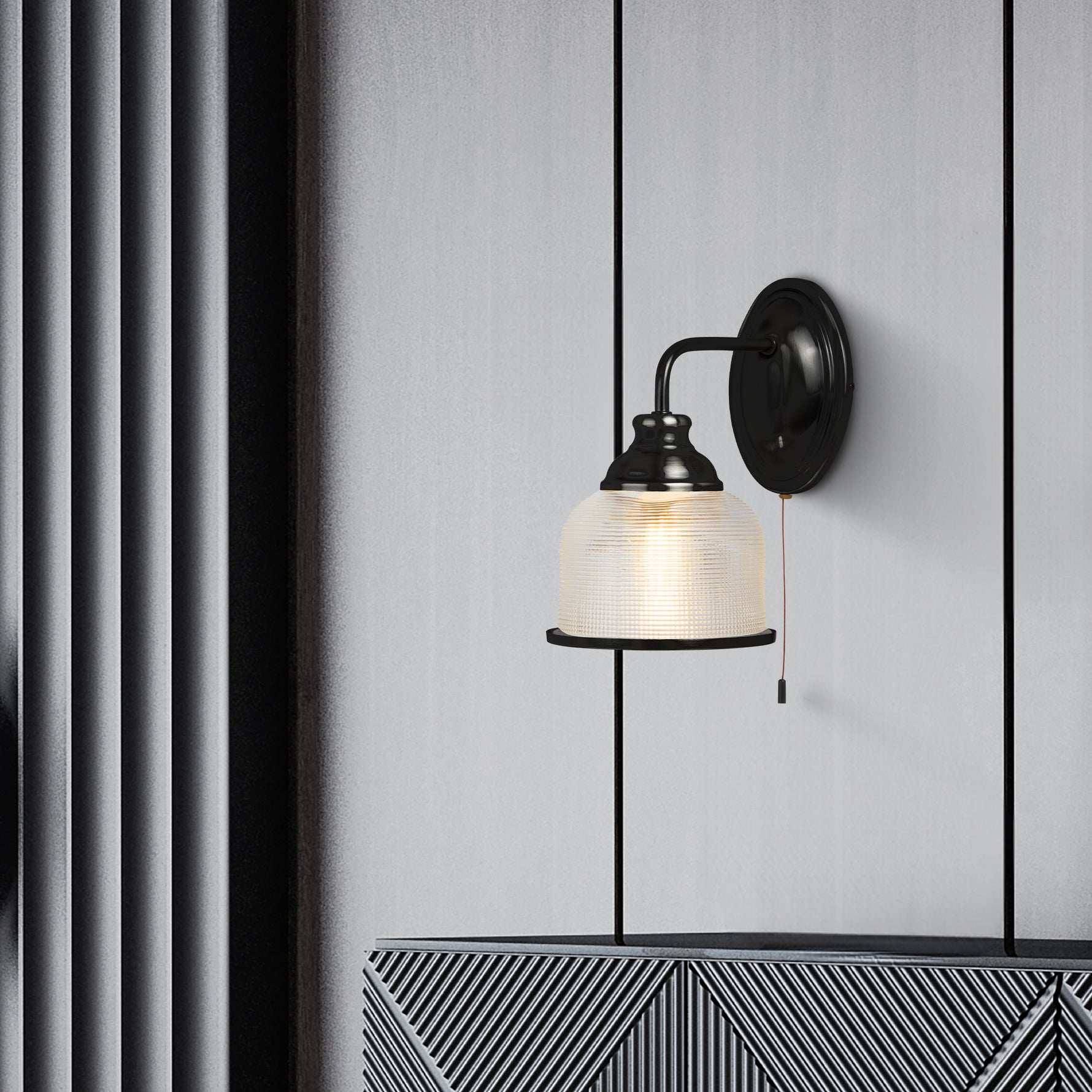 Searchlight Electric Highworth Wall Light- Matt Black Metal,Holophane Style Glass 2671-1BK