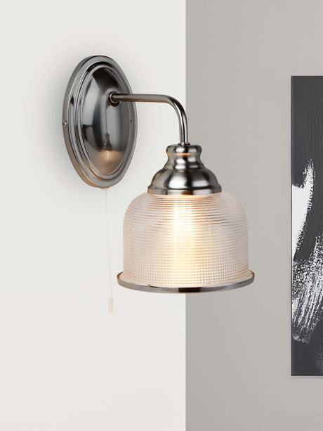 Searchlight Electric Bistro II Wall Light - Satin Silver & Holophane Style Glass 2671-1SS