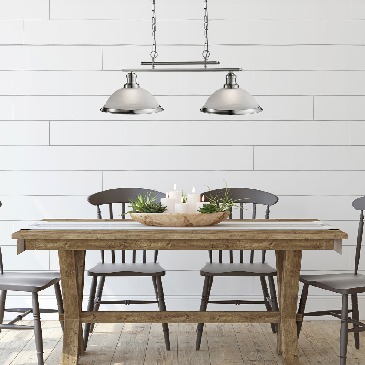 Searchlight Electric Bistro 2Lt Bar Pendant  - Satin Silver Metal & Glass 2682-2SS