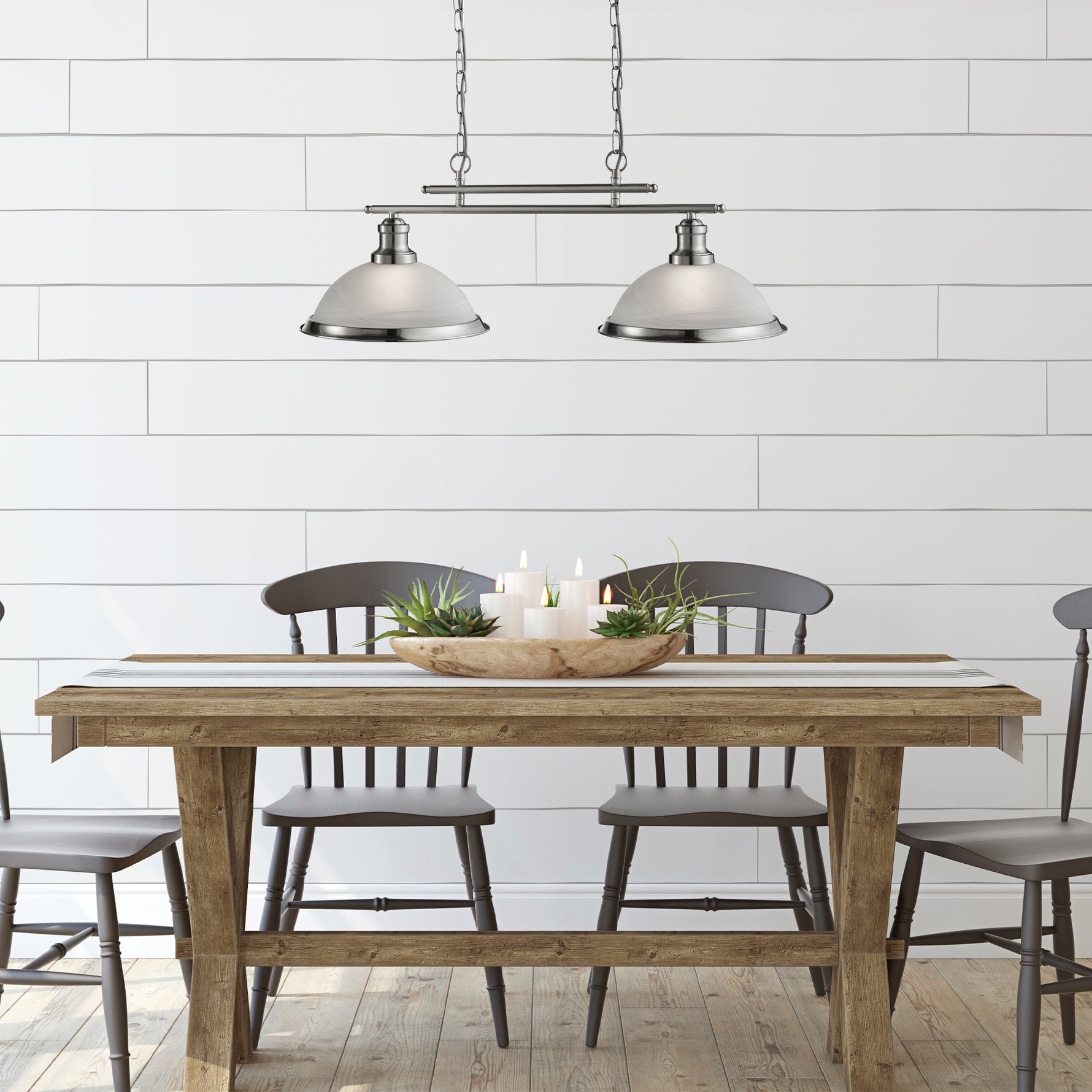 Searchlight Electric Bistro 2Lt Bar Pendant  - Satin Silver Metal & Glass 2682-2SS