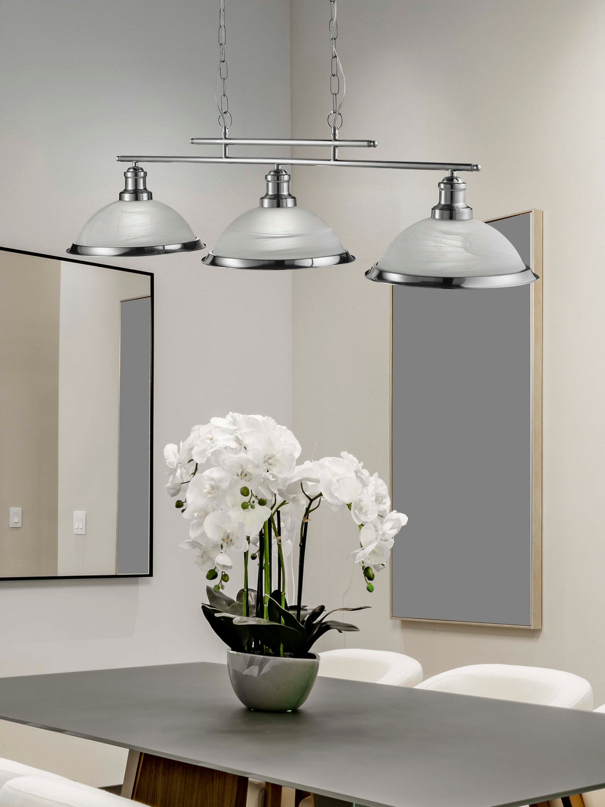 Searchlight Electric Bistro  3Lt Bar Pendant - Satin Silver Metal & Acid Glass 2683-3SS