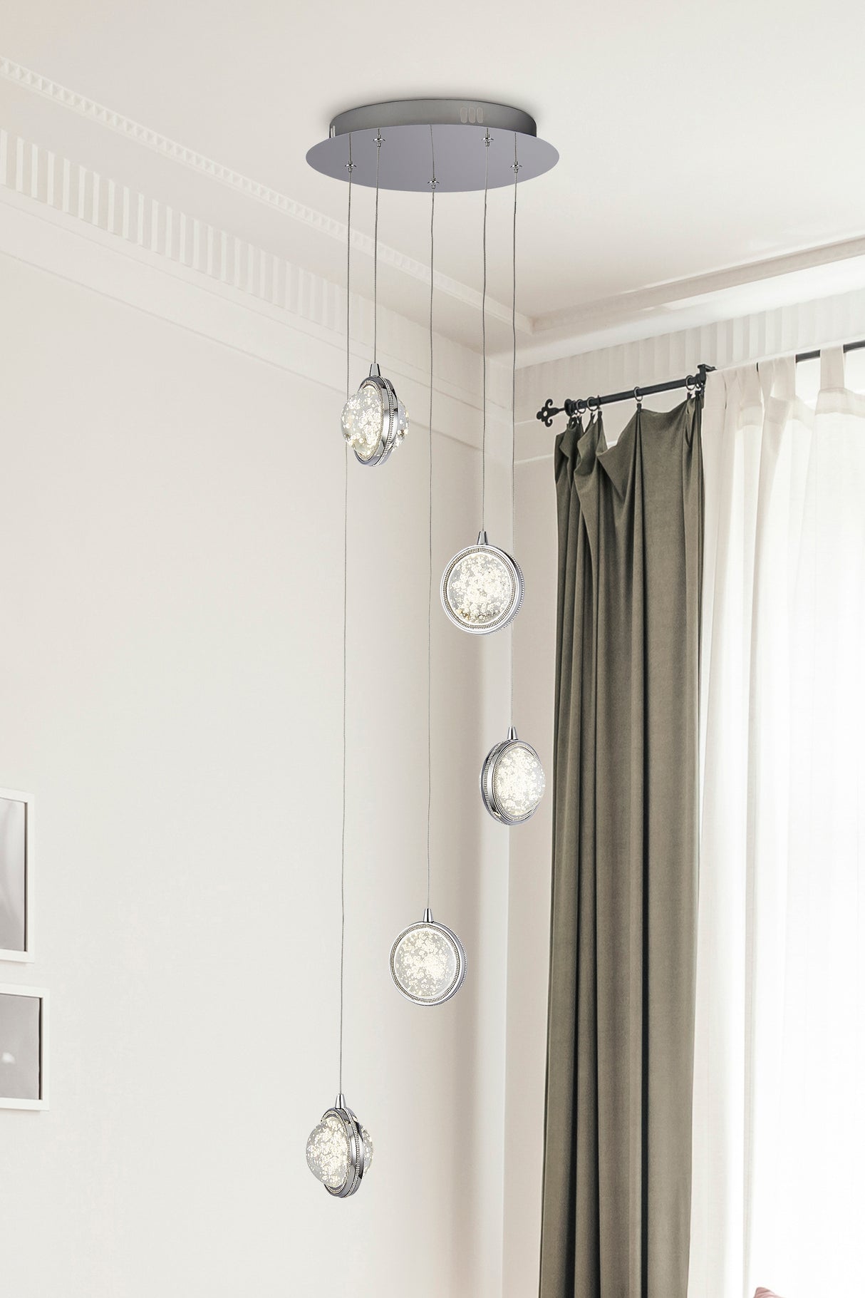 Searchlight Electric Quartz 5Lt Ceiling Pendant - Chrome & Bubble Glass 28701-5CC