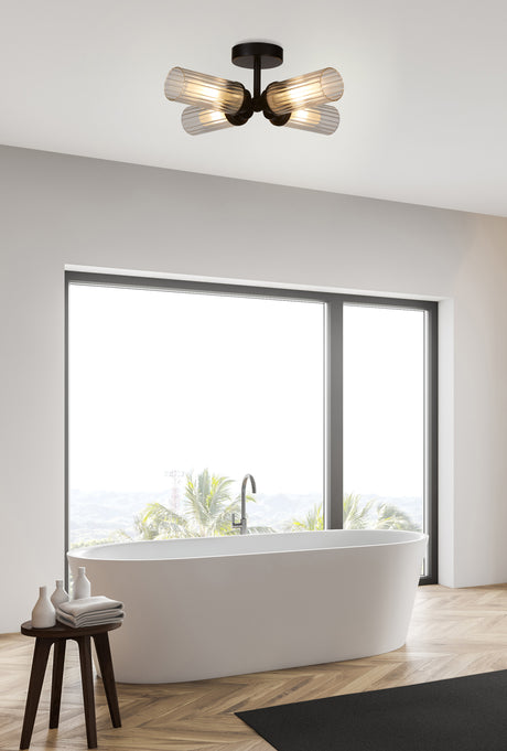 Searchlight Electric Imperial 4LT Flush, Black and Clear Ribbed Glass 29984BK