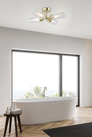 Searchlight Electric Imperial 4LT Flush, Satin Brass and Clear Ribbed Glass 29984SB