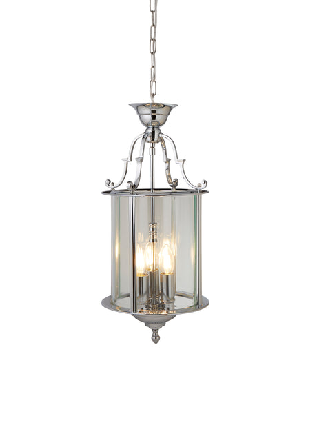 Bevelled Lantern 3Lt Pendant - Chrome Metal & Clear Glass