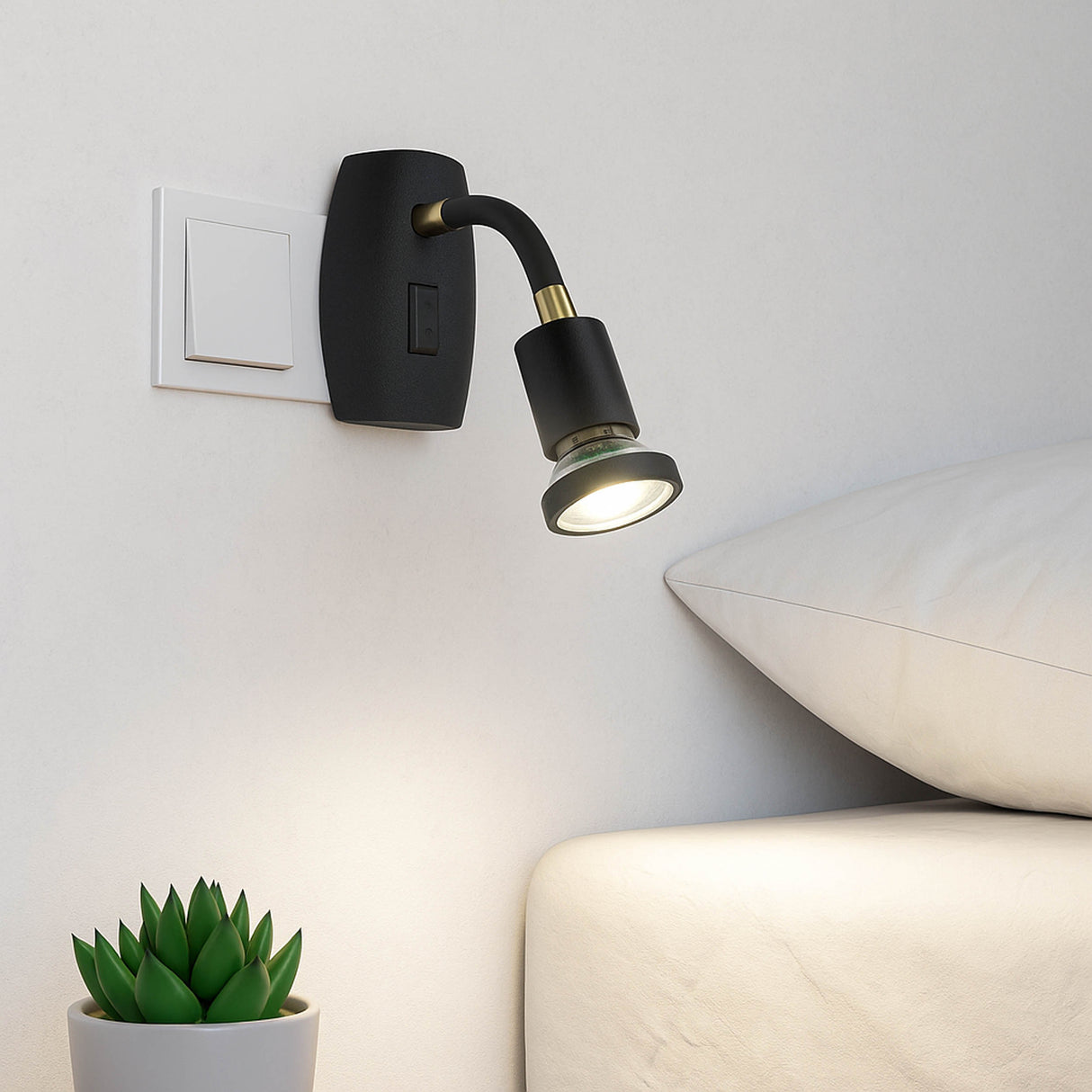Eglo EU Parrini LED Plug-In Wall Light Adjustable Head Black Steel with Brass Accents 