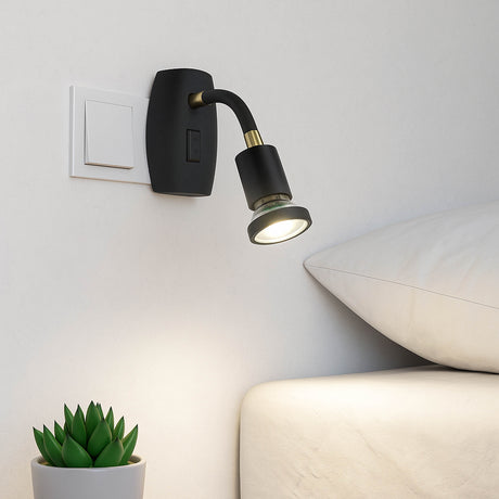 Eglo EU Parrini LED Plug-In Wall Light Adjustable Head Black Steel with Brass Accents 