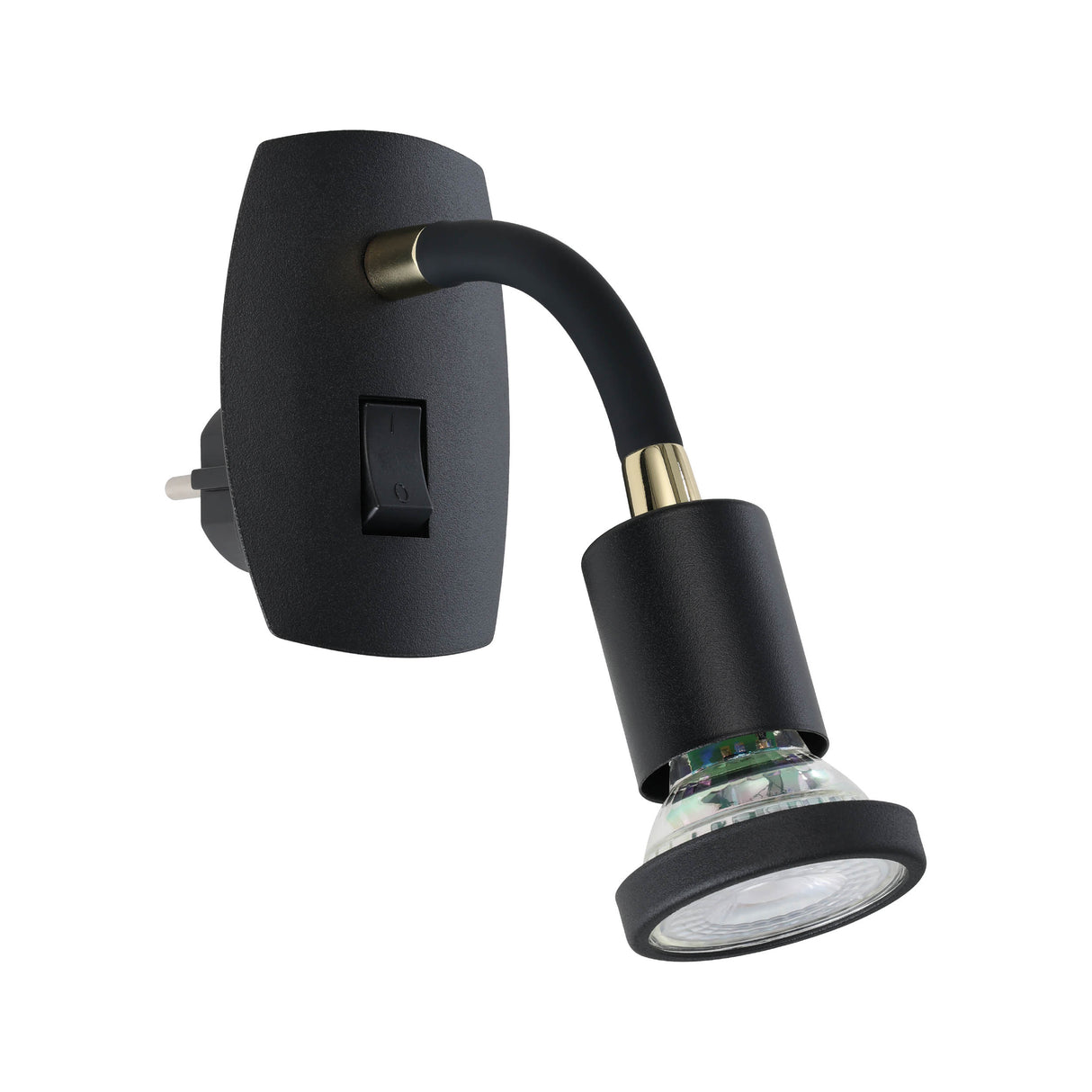 Eglo EU Parrini LED Plug-In Wall Light Adjustable Head Black Steel with Brass Accents