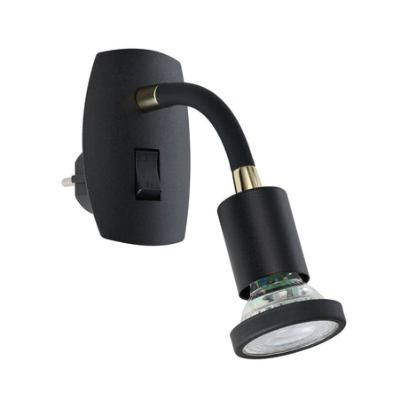 Eglo EU Parrini LED Plug-In Wall Light Adjustable Head Black Steel with Brass Accents