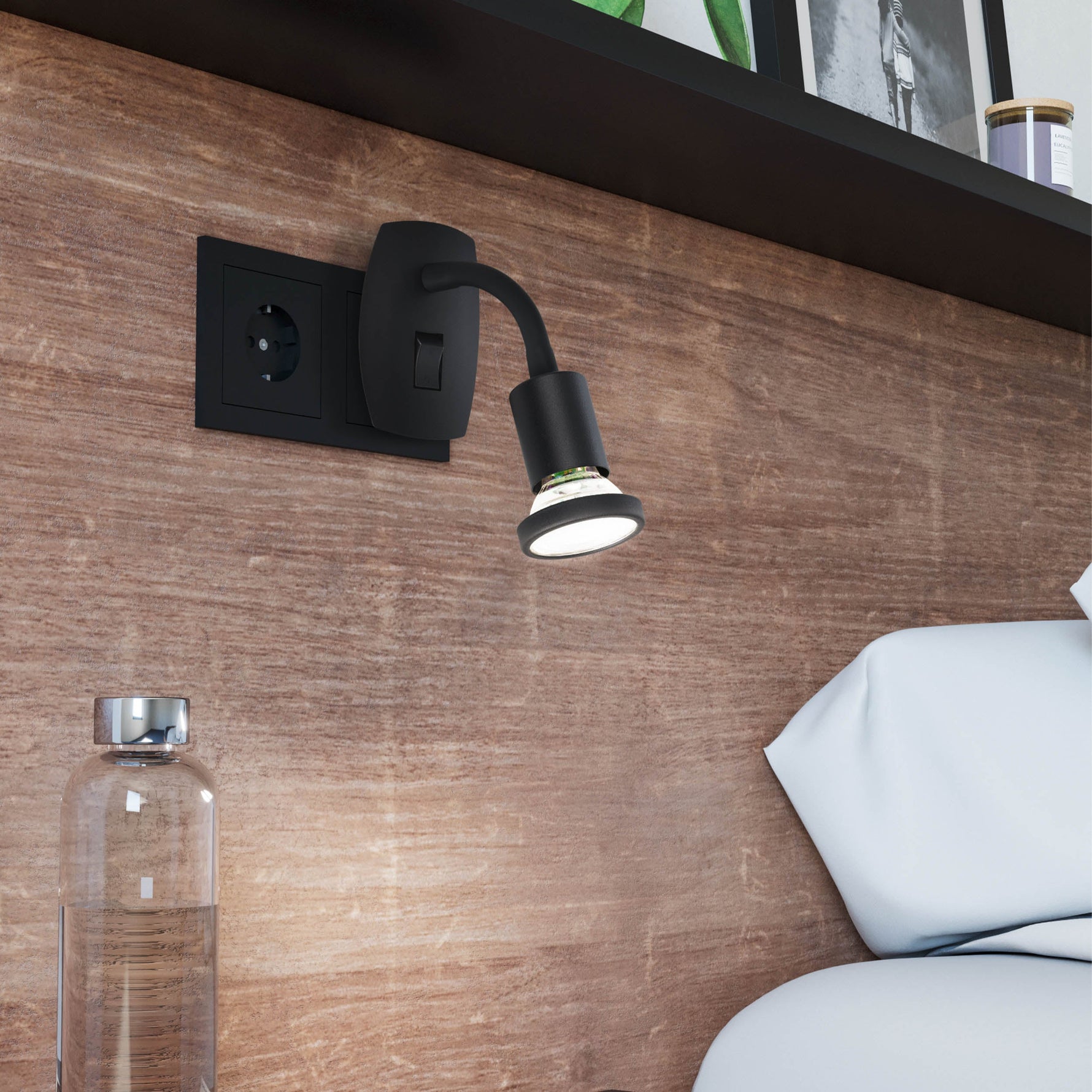 Eglo EU Parrini LED Plug-In Wall Light Black Steel product image - Endon Lighting from First Light Direct with great prices and fast UK delivery