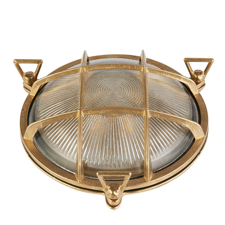 Searchlight Electric Bulkhead Round Outdoor Light - Solid Brass & Ribbed Glass 30361PB