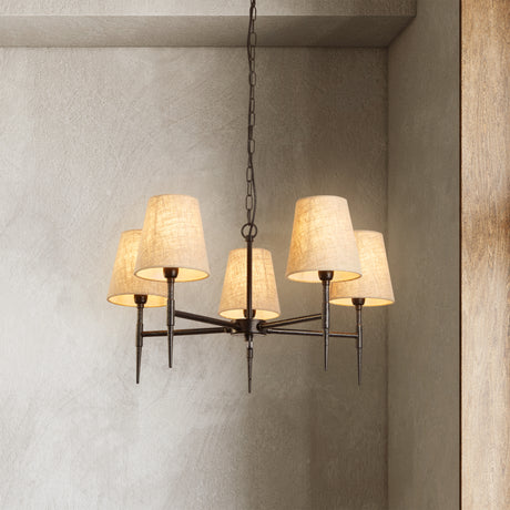 Searchlight Electric Gothic 5Lt Pendant - Hammered Black Metal & Natural Linen 30690-5BK
