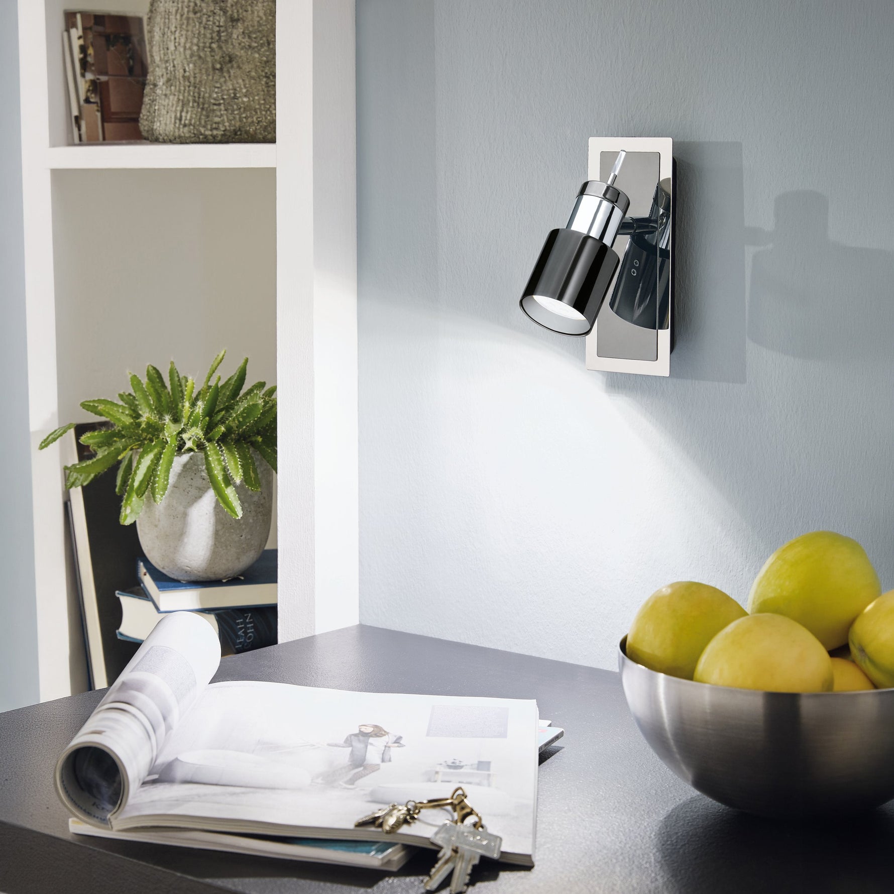 Eglo EU Davida Steel Chrome & White LED Single Wall Spotlight product image - Endon Lighting from First Light Direct with great prices and fast UK delivery