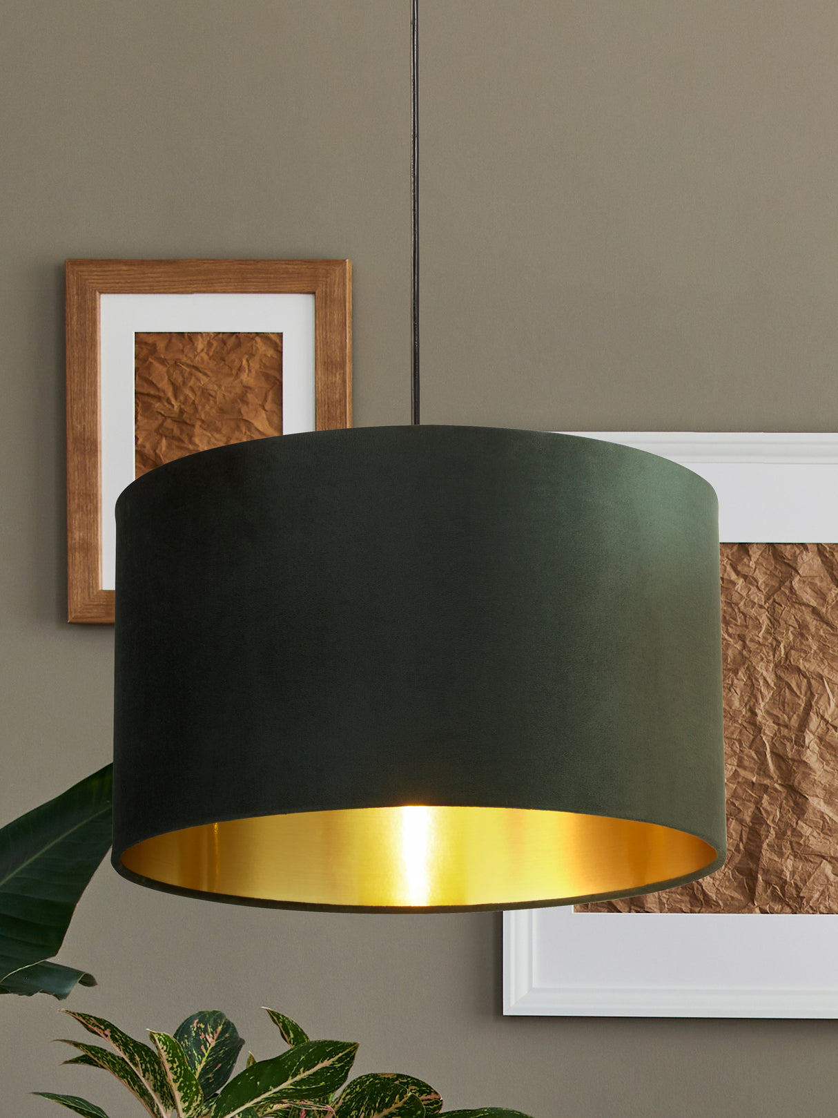 Searchlight Electric Drum Shade - Green Velvet with Gold Inner 31040GR