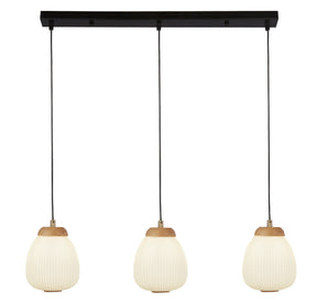 Ella 3Lt Pendant - Black Metal & Opal Ribbed Glass