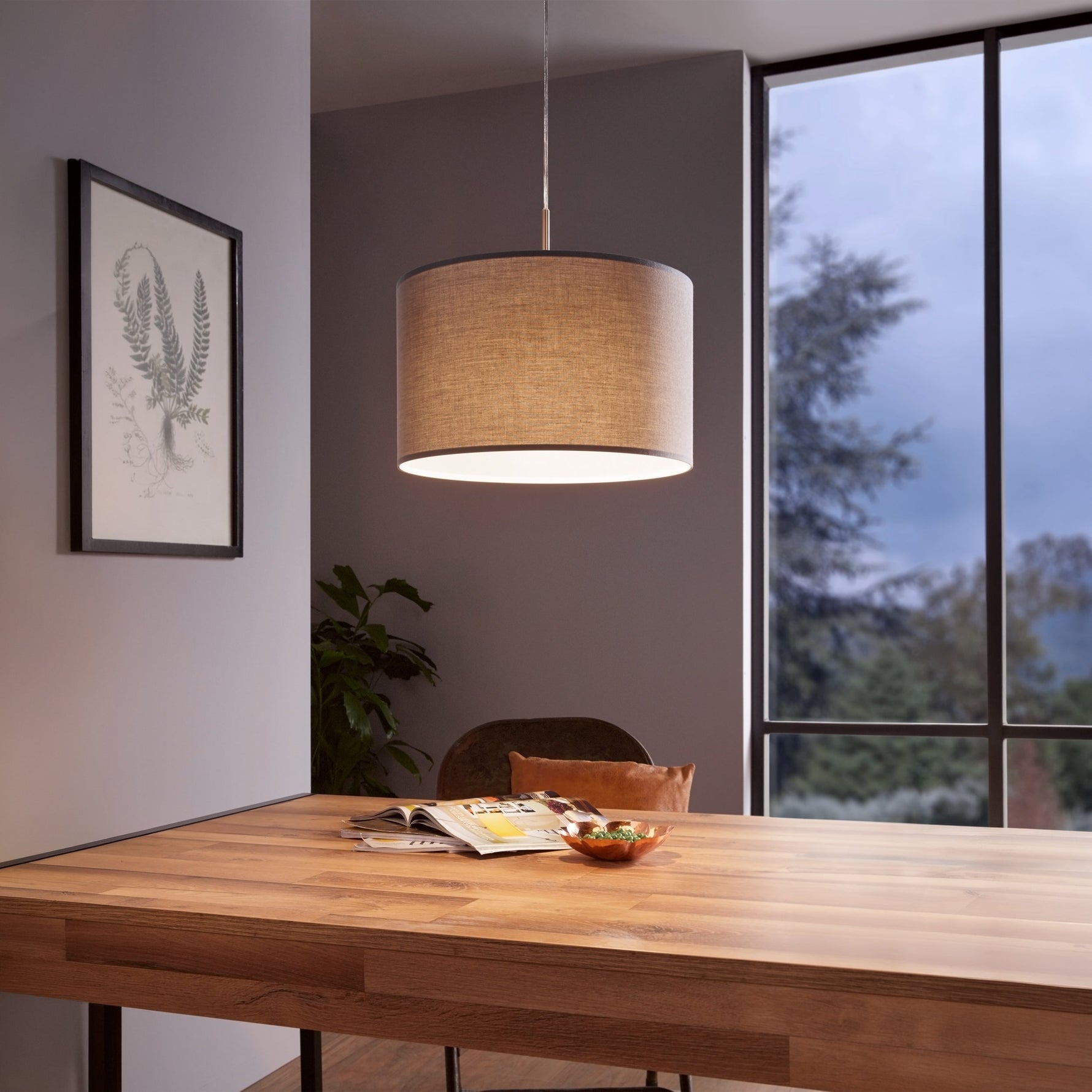 Eglo EU MASERLO Pendant Light – Satin Nickel Steel with Taupe & Gold Fabric Shade, E27, Indoor Lighting