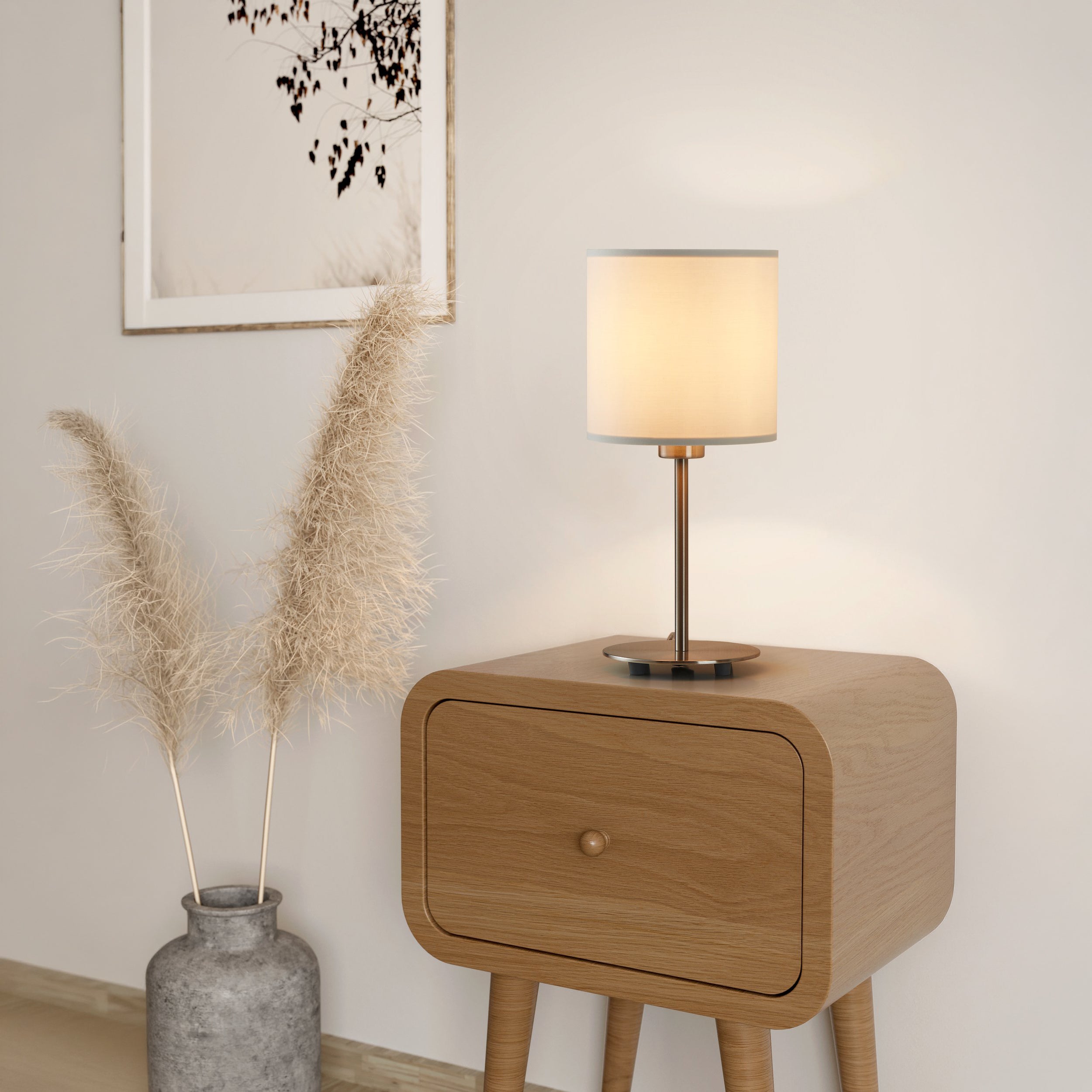 Eglo EU PASTERI Table Lamp – Satin Nickel Steel with White Fabric Shade, E27, Inline Switch, Indoor Lighting