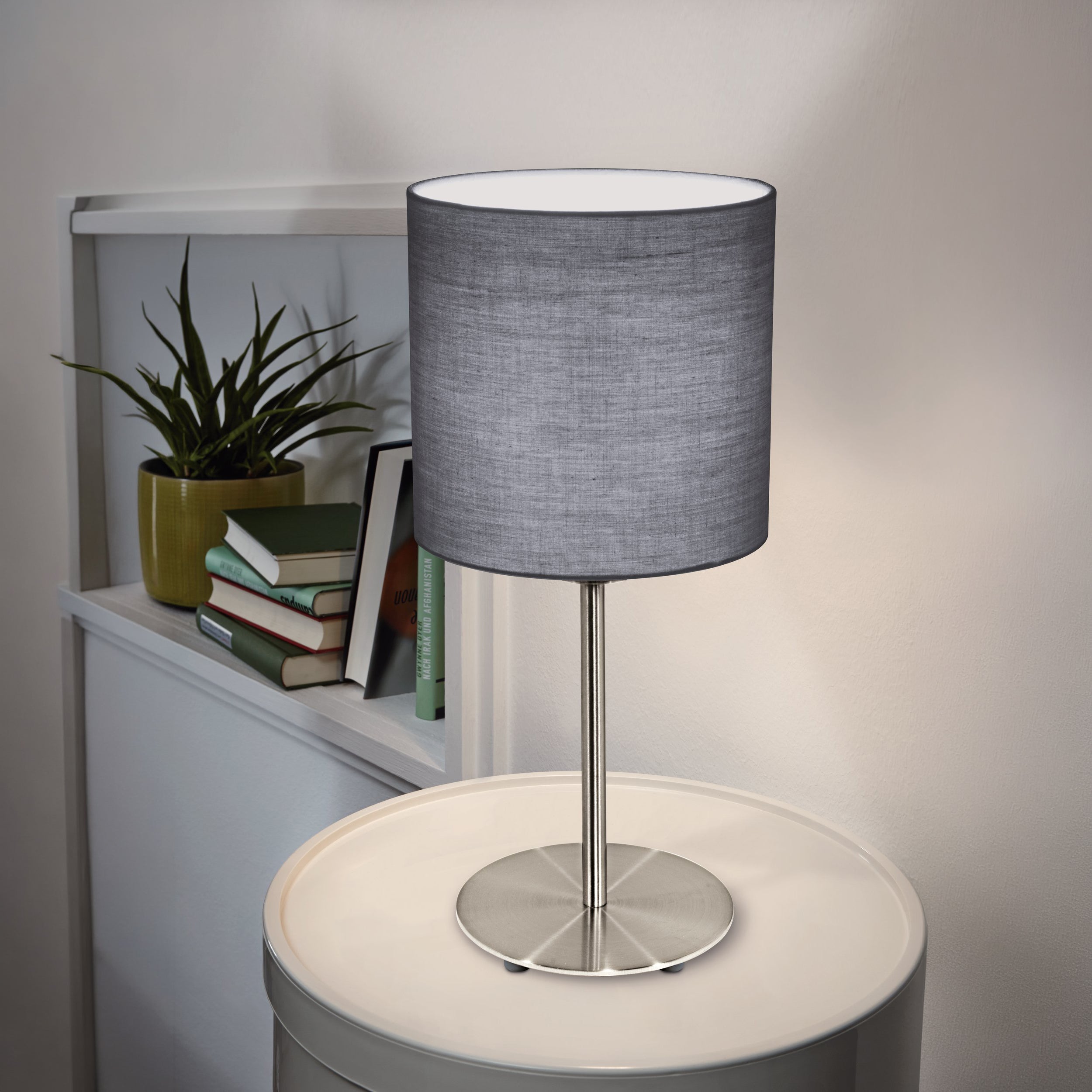 Eglo EU PASTERI Table Lamp – Satin Nickel Steel with Grey Fabric Shade, E27, Inline Switch, Indoor Lighting