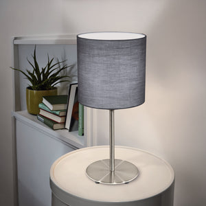 Eglo EU PASTERI Table Lamp – Satin Nickel Steel with Grey Fabric Shade, E27, Inline Switch, Indoor Lighting