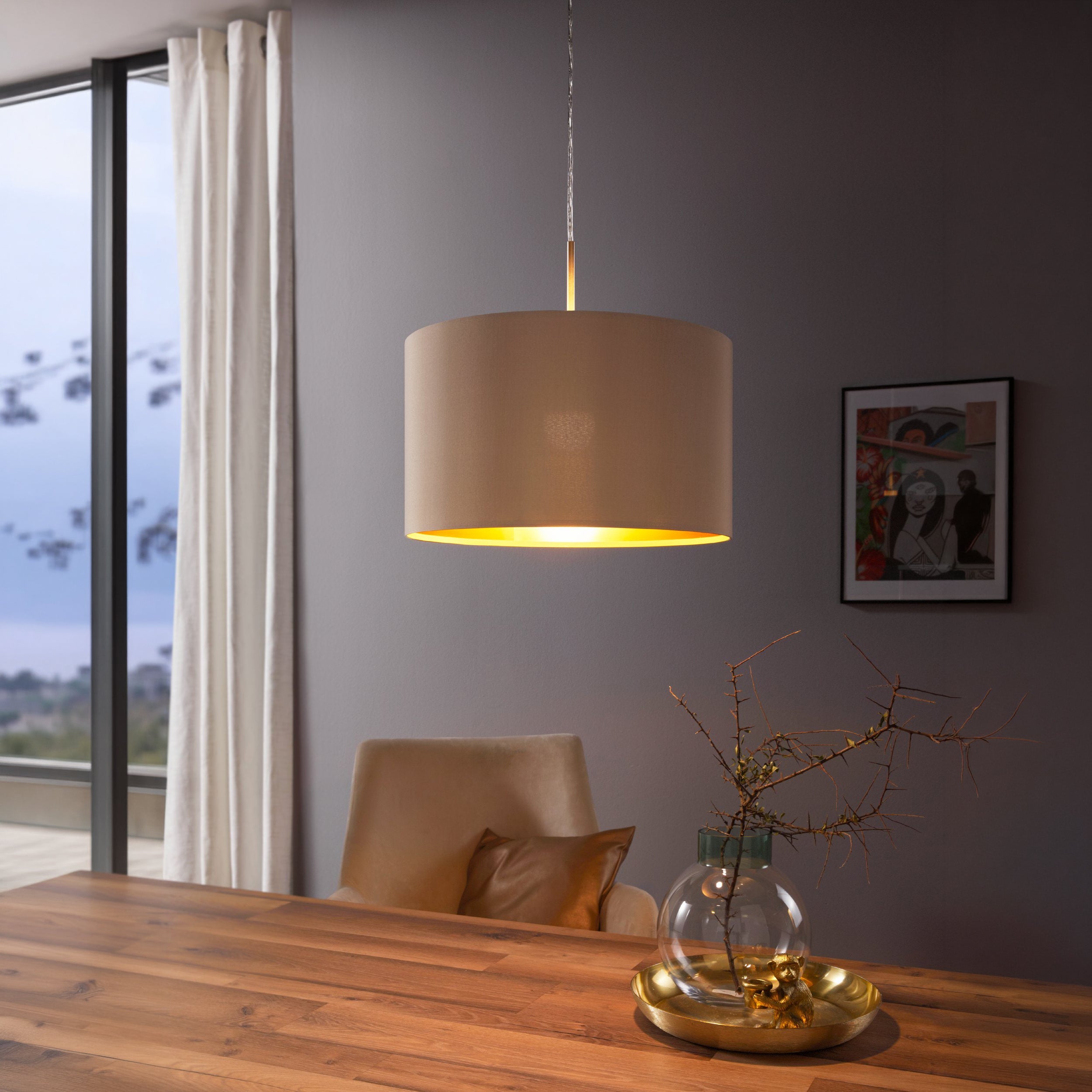Eglo EU MASERLO Pendant Light – Satin Nickel Steel with Cappuccino & Gold Fabric Shade, E27, Indoor Lighting