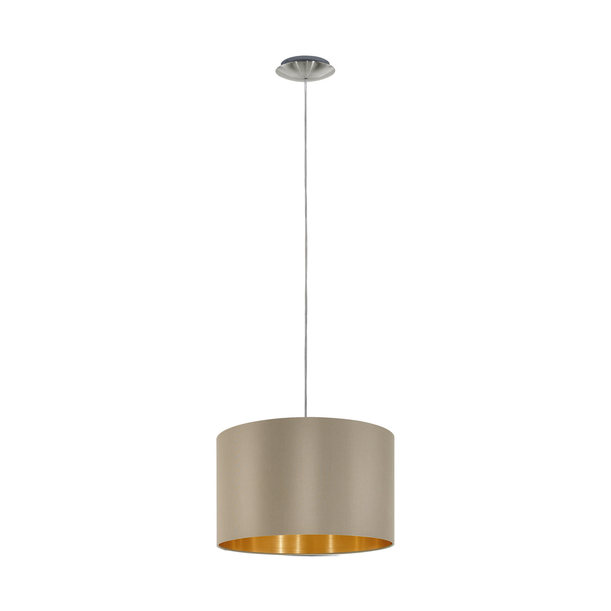Eglo EU MASERLO Pendant Light – Satin Nickel Steel with Taupe & Gold Fabric Shade, E27, Indoor Lighting