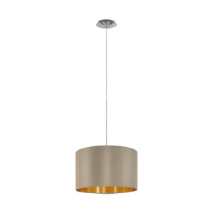 Eglo EU MASERLO Pendant Light – Satin Nickel Steel with Taupe & Gold Fabric Shade, E27, Indoor Lighting