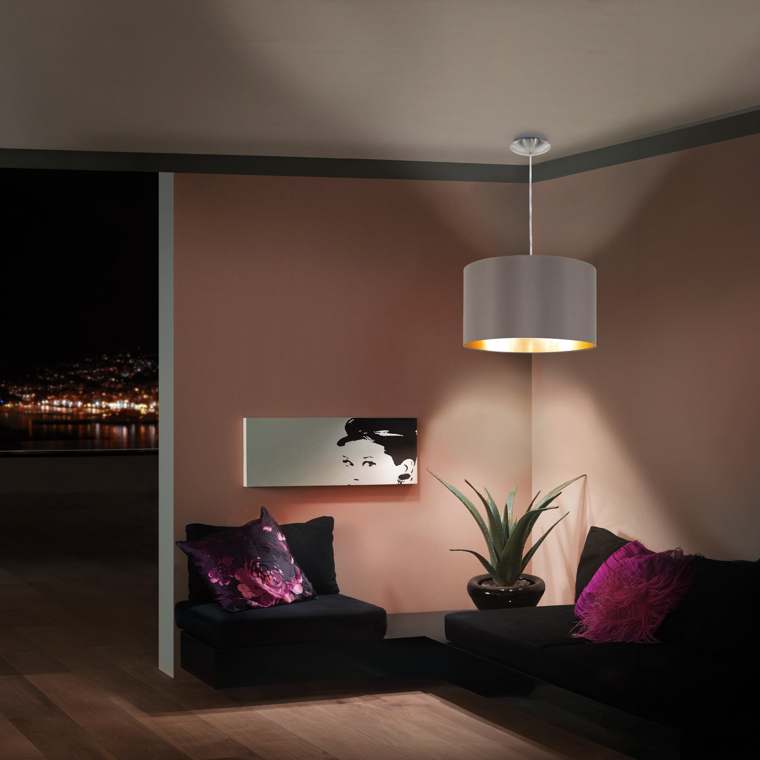 Eglo EU MASERLO Pendant Light – Satin Nickel Steel with Black & Gold Fabric Shade, Large, E27, Indoor Lighting