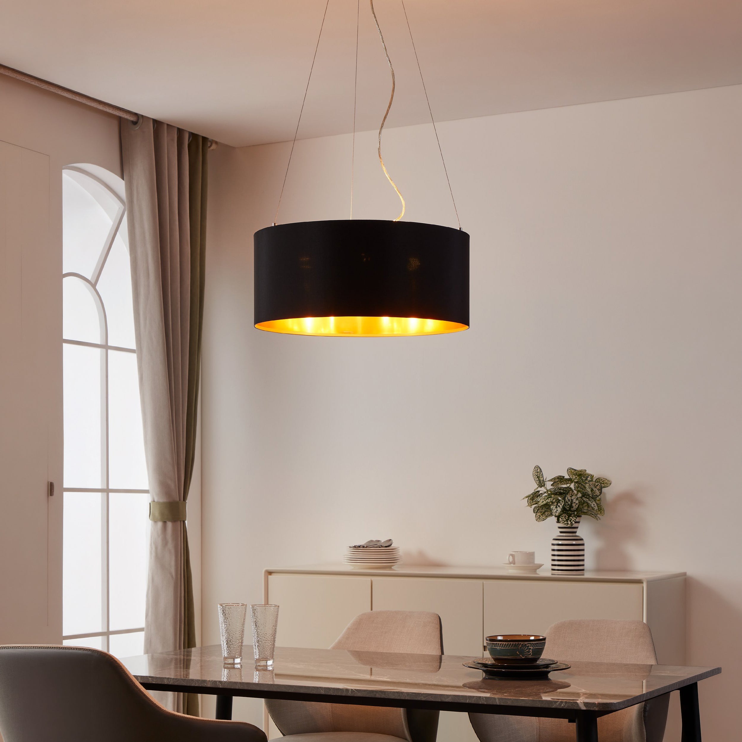 Eglo EU MASERLO Pendant Light – Satin Nickel Steel with Taupe & Gold Fabric Shade, Large, E27, Indoor Lighting