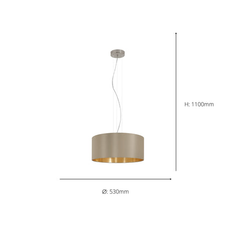 Eglo EU MASERLO Pendant Light – Satin Nickel Steel with Taupe & Gold Fabric Shade, Large, E27, Indoor Lighting