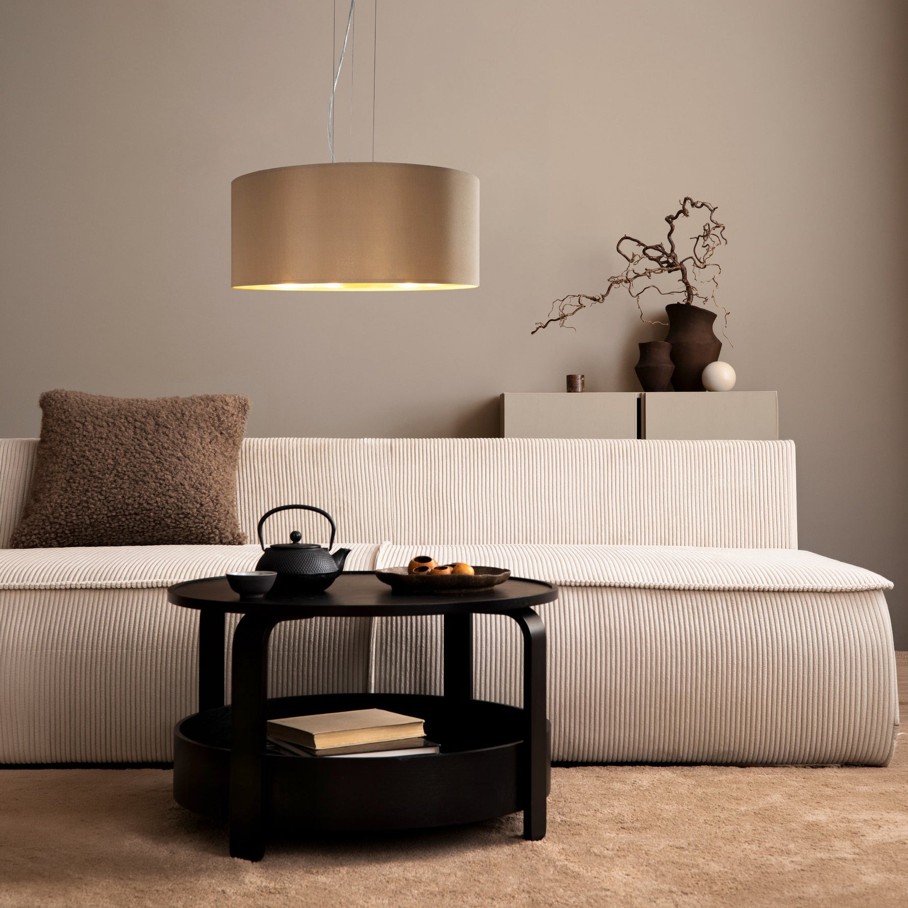 Eglo EU MASERLO Pendant Light – Satin Nickel Steel with Cappuccino & Gold Fabric Shade, Large, E27, Indoor Lighting