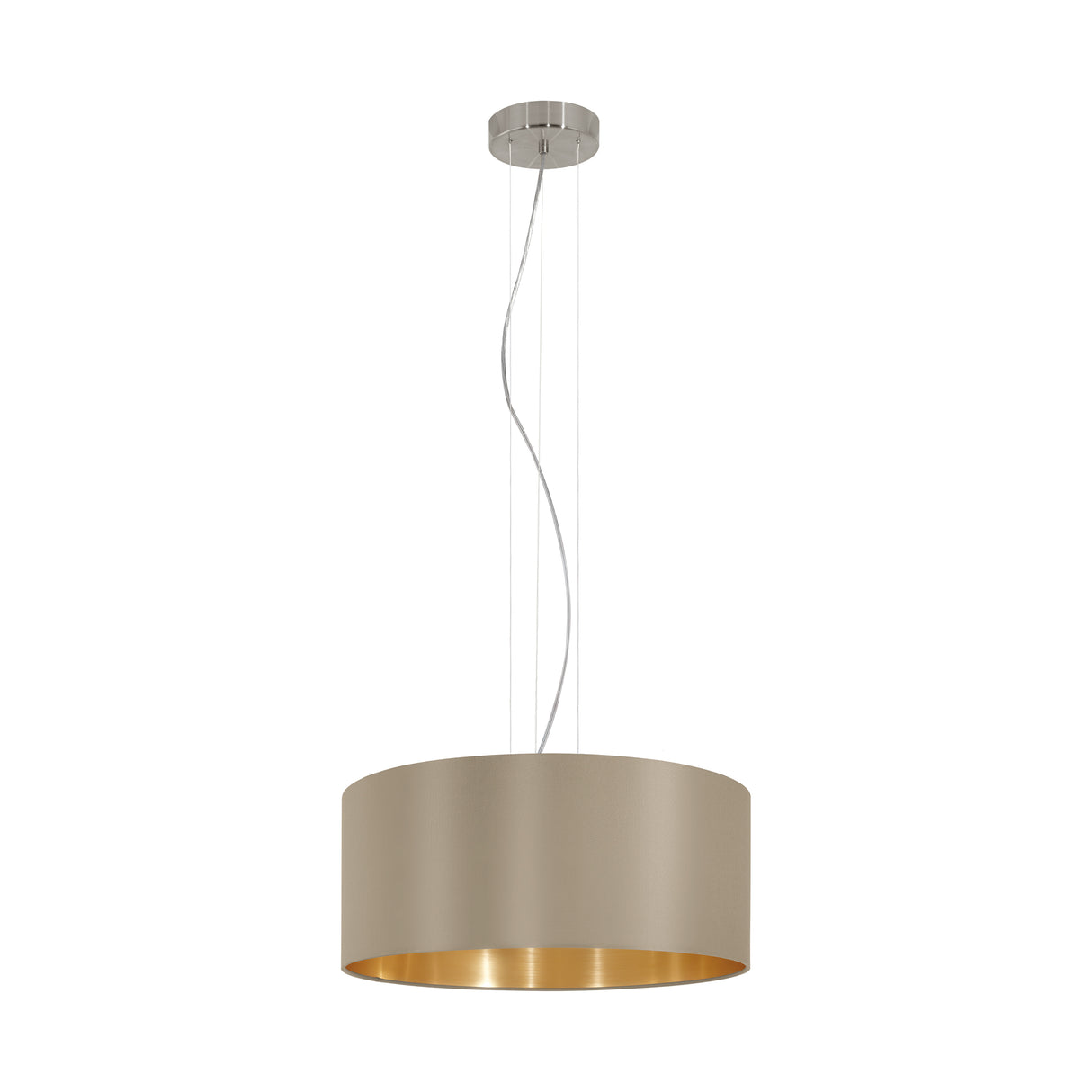 Eglo EU MASERLO Pendant Light – Satin Nickel Steel with Taupe & Gold Fabric Shade, Large, E27, Indoor Lighting