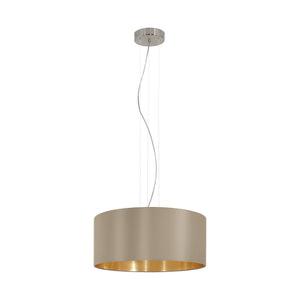 Eglo EU MASERLO Pendant Light – Satin Nickel Steel with Taupe & Gold Fabric Shade, Large, E27, Indoor Lighting