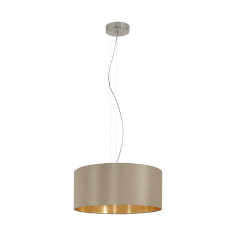 Eglo EU MASERLO Pendant Light – Satin Nickel Steel with Taupe & Gold Fabric Shade, Large, E27, Indoor Lighting