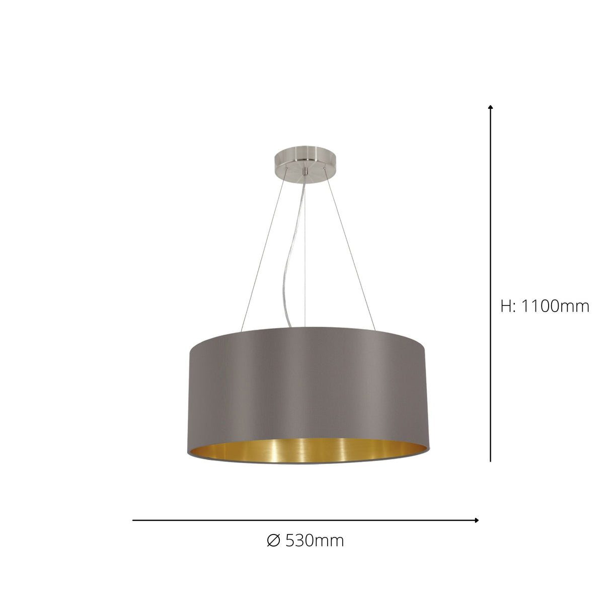 Eglo EU MASERLO Pendant Light – Satin Nickel Steel with Cappuccino & Gold Fabric Shade, Large, E27, Indoor Lighting