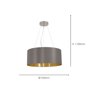 Eglo EU MASERLO Pendant Light – Satin Nickel Steel with Cappuccino & Gold Fabric Shade, Large, E27, Indoor Lighting
