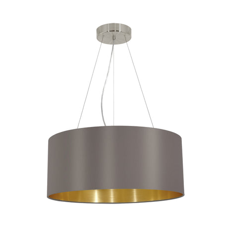 Eglo EU MASERLO Pendant Light – Satin Nickel Steel with Cappuccino & Gold Fabric Shade, Large, E27, Indoor Lighting