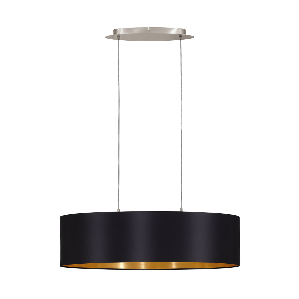 Eglo EU MASERLO Linear Pendant Light – Satin Nickel Steel with Black & Gold Fabric Shades, E27, Indoor Lighting