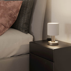 Eglo EU Montetto Table Lamp – White Fabric Shade with Satin Nickel Steel Base, E14
