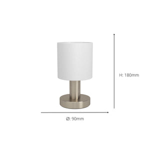 Eglo EU Montetto Table Lamp – White Fabric Shade with Satin Nickel Steel Base, E14