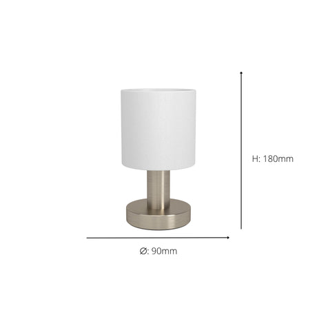 Eglo EU Montetto Table Lamp – White Fabric Shade with Satin Nickel Steel Base, E14