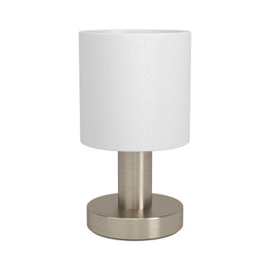 Eglo EU Montetto Table Lamp – White Fabric Shade with Satin Nickel Steel Base, E14