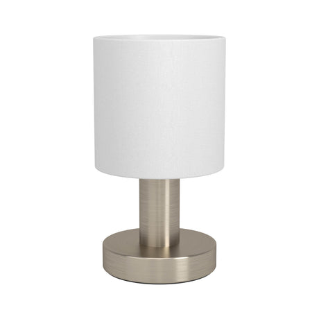 Eglo EU Montetto Table Lamp – White Fabric Shade with Satin Nickel Steel Base, E14