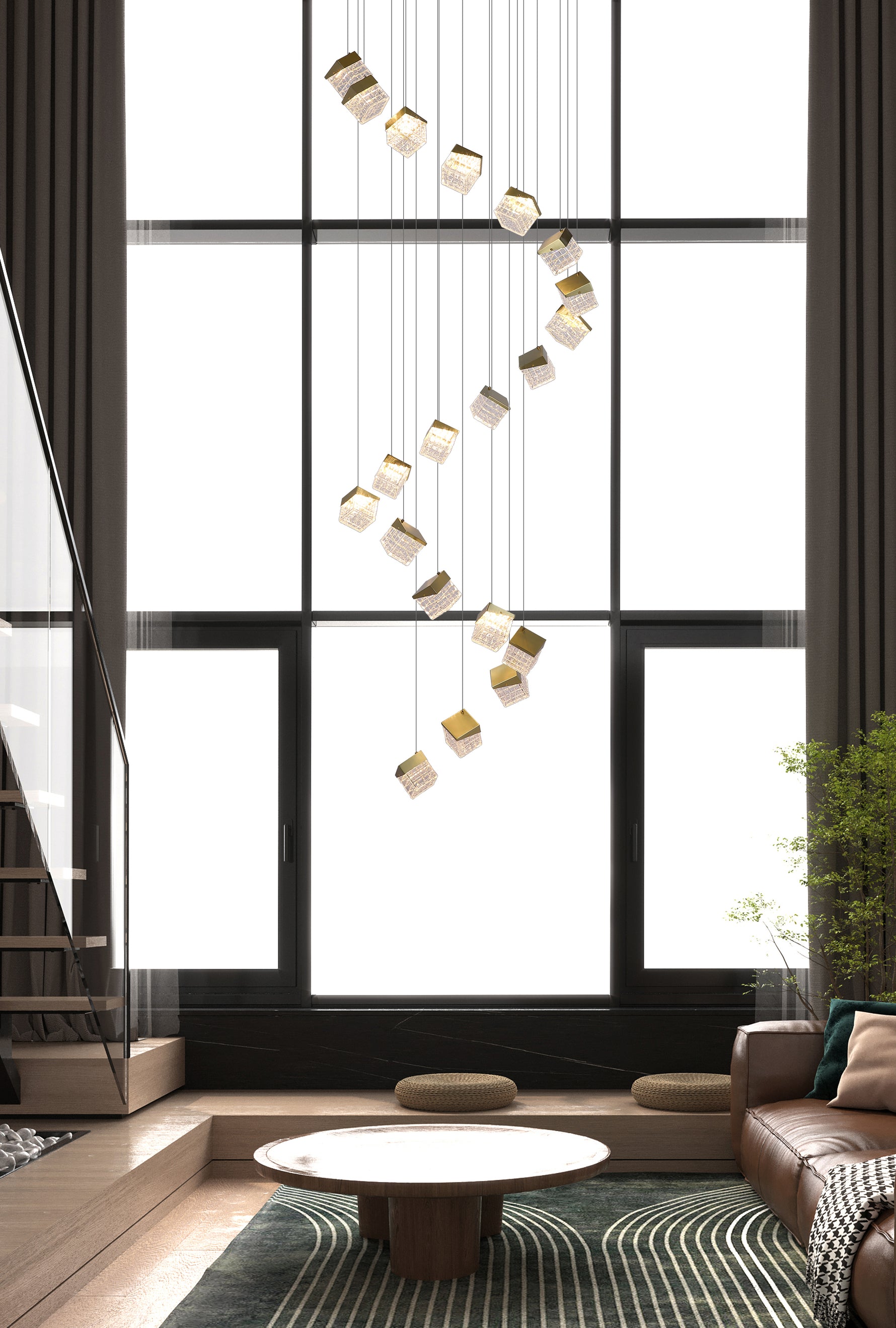 Searchlight Electric Cuboid 20Lt LED Multi Drop Pendant, Satin Brass Metal with C 33640-20SB