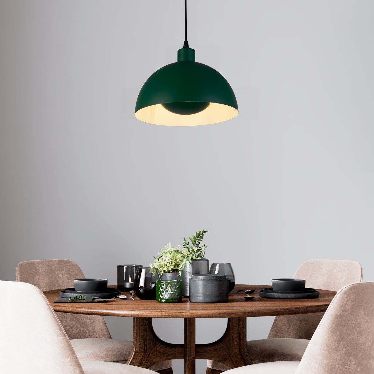 Searchlight Electric Mars 1LT Pendant, Matt Green Metal & Cream Inner 25cm 35410GR