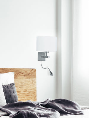 Searchlight Electric Hotel LED Dual Arm Wall Light - Satin Silver & Fabric Shade 3550SS