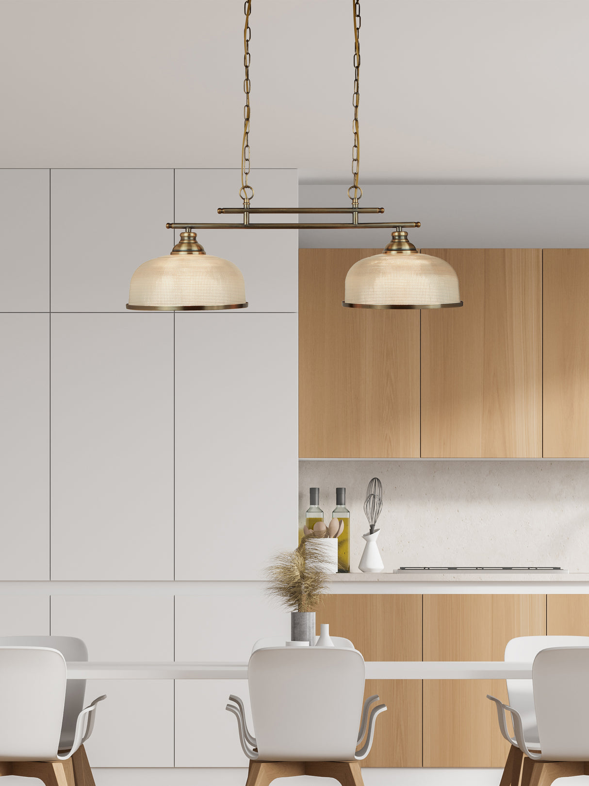 Searchlight Electric Bistro II 2Lt Pendant- Antique Brass & Holophane Style Glass 3592-2AB