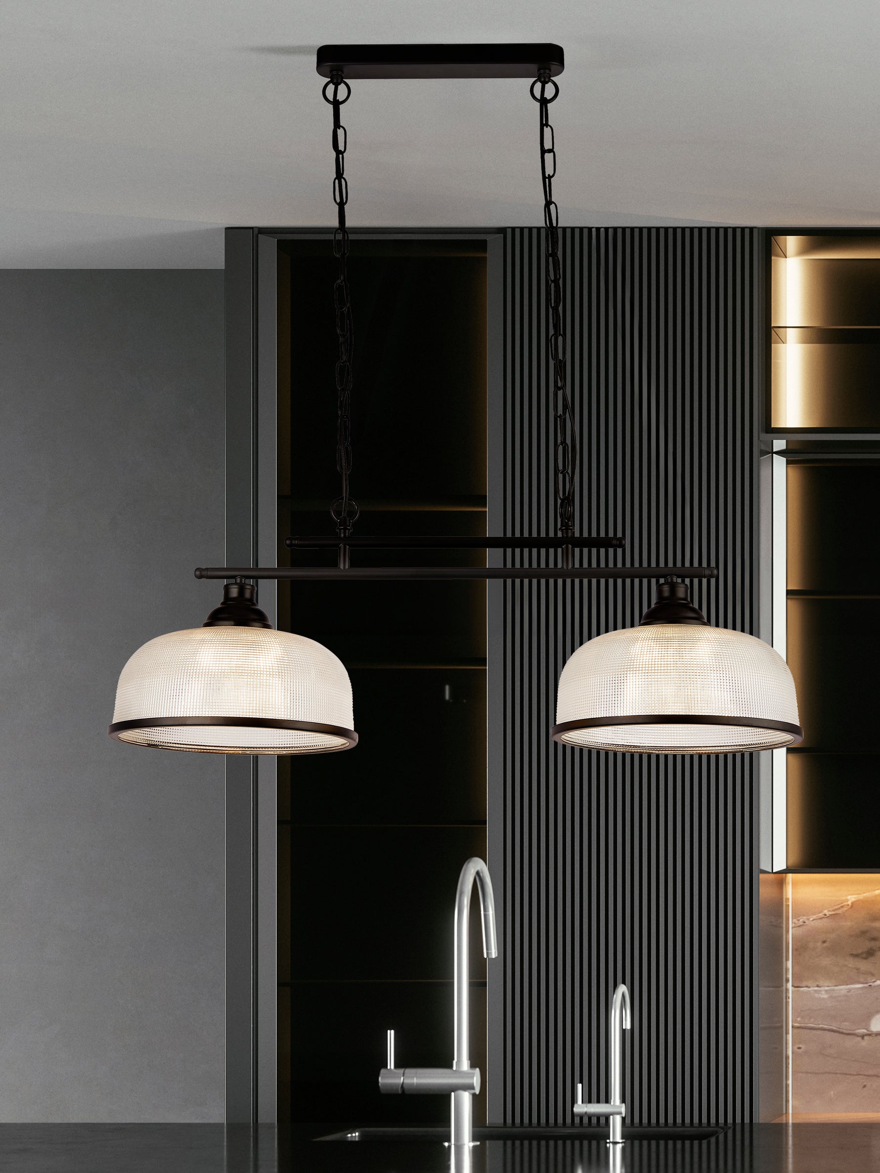 Searchlight Electric Highworth 2Lt Pendant - Black Metal & Holophane Style Glass 3592-2BK