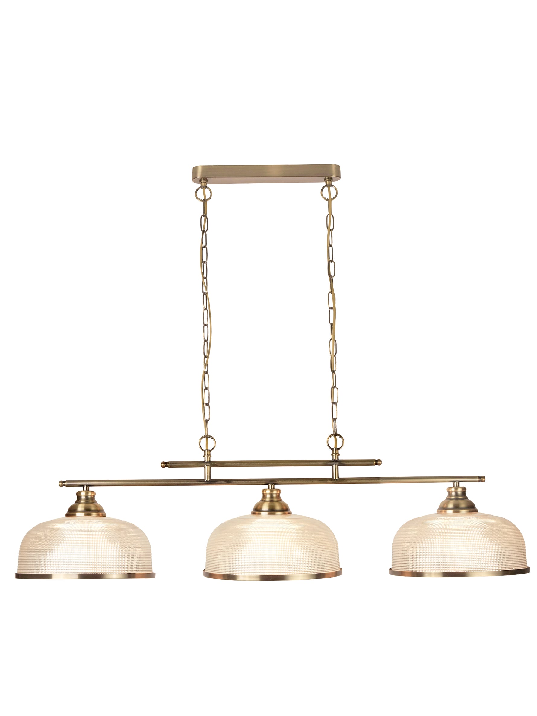 Bistro II 3Lt Pendant-Antique Brass & Holophane Style Glass