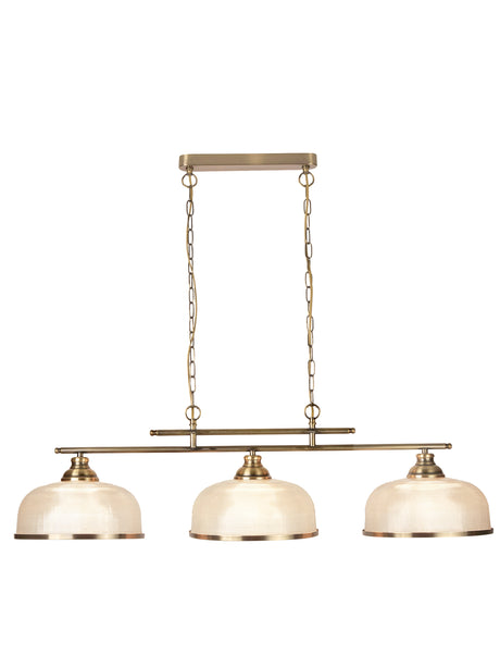 Bistro II 3Lt Pendant-Antique Brass & Holophane Style Glass